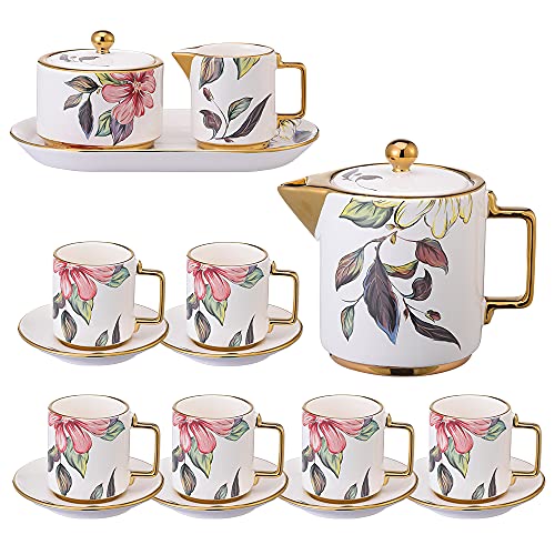 Tee Set Teeservice Porzellan 16 Stück - Tee Services Keramik Teekanne Tasse mit Untertasse - Zuckerdose Milchkännchen mit Tablett - Blumen Kaffeeservice für 6 Personen von AHX