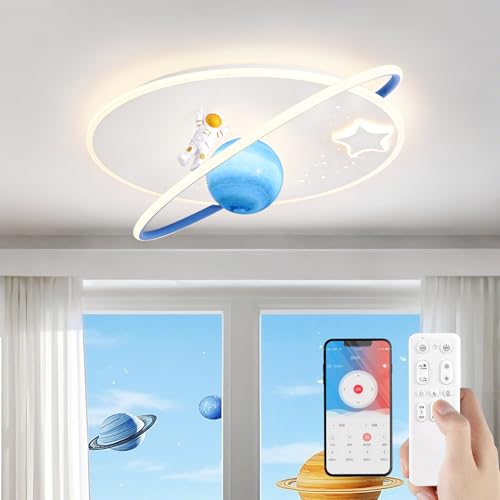 AHXIAOZN LED Kinder Deckenlampe, 50cm Mond Astronaut Deckenleuchten, Kinderzimmerlampe Stufenloses Dimmen mit Fernbedienung, Schlafzimmer Decke Lampe Für Jungen und Mädchen Zimmer(Ovale, Blaue Kugel) von AHXIAOZN