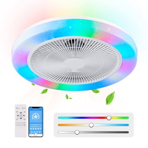 AHXIAOZN RGB Deckenlampe mit Ventilator Fan, Leiser Moderne Ventilator mit Licht, Dimmbar LED Lampe mit Ventilator, RGB Deckenventilator mit Beleuchtung und Fernbedienung & APP Fan Lampe, Weiß von AHXIAOZN