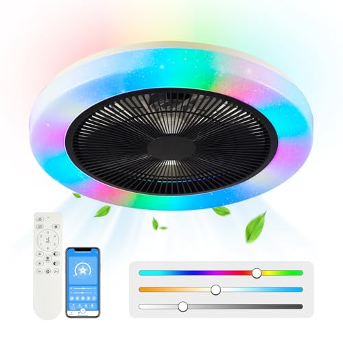 AHXIAOZN RGB Deckenlampe mit Ventilator Fan, Leiser Moderne Ventilator mit Licht, Dimmbar LED Lampe mit Ventilator, RGB Deckenventilator mit Beleuchtung und Fernbedienung & APP Fan Lampe, Schwarz von AHXIAOZN