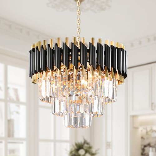 Modern Crystal Chandeliers,Crystal Pendant Light Fixture, 3-Tier Gold Black Chandelier Ceiling Light for Dining Room Living Room E14*5 Bulb (Excluding Bulbs von AHXIAOZN