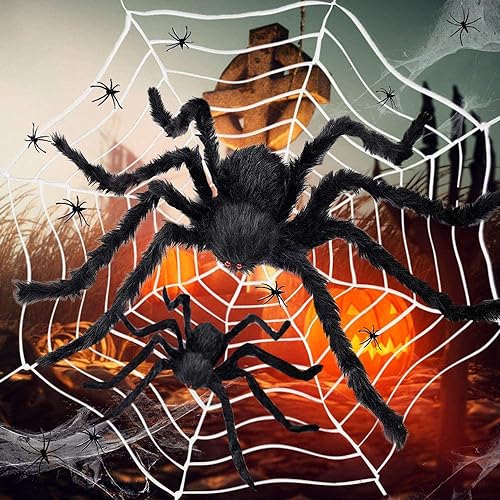 Spinnennetz Dekorationen für Halloween, 3.6M Gruselig Spinnweben+75cm haarige Spinne Deko+90cm Halloween Spinne+60g Spinnenseide+10 Kleine Falsche Spinnen, für Halloween Party Garten Gruselige Deko von AHYDFSR