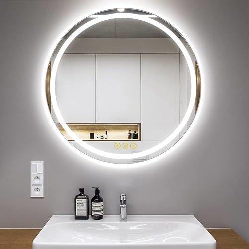 AI-LIGHTING Badezimmer Spiegel mit Beleuchtung 60 cm Spiegel Bad mit Beleuchtung Rund Badspiegel mit Beleuchtung Dimmbar/Beschlagfrei / 3 Lichtfarben Beleuchteter Badspiegel mit Touchschalter von AI-LIGHTING