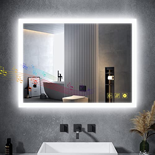 AI-LIGHTING Badezimmerspiegel mit Beleuchtung 80 × 60 cm Badspiegel mit Licht Bluetooth Lautsprecher / 3 Lichtfarben/Steckdose/Beschlagfrei Beleuchteter Badspiegel für Badzimmer von AI-LIGHTING