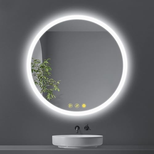 AI-LIGHTING Badspiegel mit Beleuchtung Bluetooth Rund 60 cm Badezimmer Spiegel mit Led Licht, 3 Lichtfarben, Beschlagfrei Beleuchteter Badspiegel mit Memoryfunktion für Badzimmer,Schlafzimmer von AI-LIGHTING