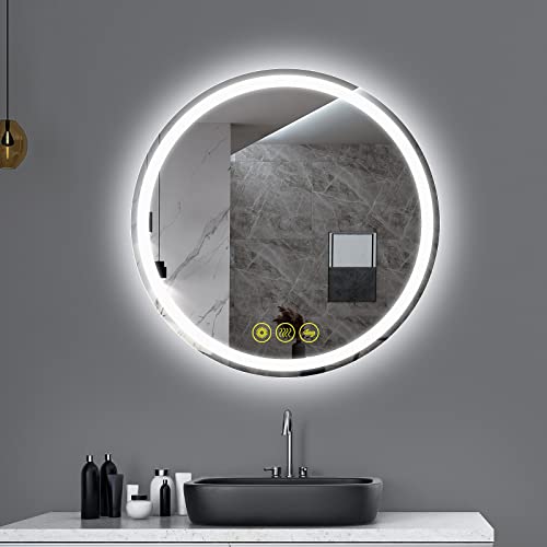 AI-LIGHTING Beleuchteter Runder Badezimmerspiegel 60 cm Badspiegel mit Beleuchtung, Farbtemperatur Dimmbar Badspiegel mit Beleuchtung Beschlagfrei Wandspiegel mit Touchschalter Energiesparend von AI-LIGHTING