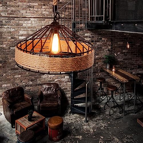 AIAO Pendelleuchte Hanfseil Industriestil Retro Lampe E27 Aufhängung Typ Rundkäfig Eisen Kronleuchter Höhenverstellbarer Hängelampe Bar Leuchter Für Wohnzimmer Café Restaurant Deko Hängeleuchten,51CM von AIAO