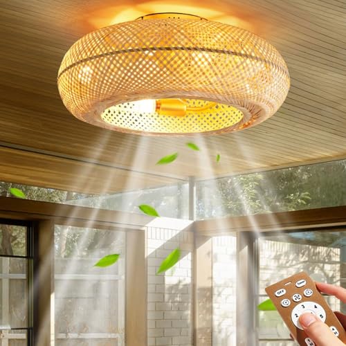 Handgemachte Bambusweberei Deckenventilator Mit Beleuchtung Und Fernbedienung Leise Ventilator Deckenleuchte E26 Ventilator Lampe 50CM Ventilator Deckenlicht For Schlafzimmer Restaurant Fan Lampe von AIAO