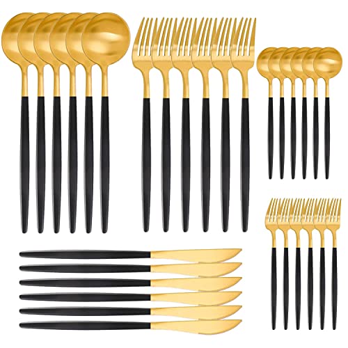 AIBAOBAO 30 teilig Besteckset für 6 Personen, Besteckset, Besteck aus Edelstahl mit Messer Gabel Löffel, Schwarzes Gold Besteck Set, Gabeln, Löffel, Kuchengabeln, Tee-/ Kaffeelöffel Essbesteck von AIBAOBAO