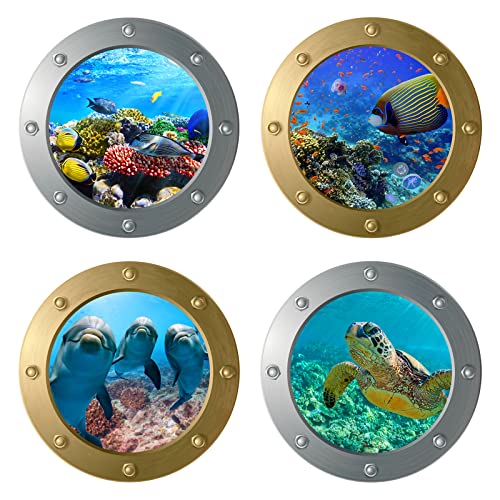 AIBAOBAO 4 Stück 3D Wandtattoo Unterwasserwelt, 3D Sea Life Wandaufkleber Delfin U Boot Fenster Fliesenaufkleber, Wandsticker Badezimmer Bilder Bullauge Deko für Schlafzimmer Wohnzimmer Bad Wanddeko von AIBAOBAO