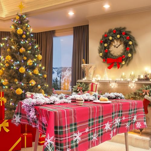 AIBIIN 132 x 182 cm Weihnachtstischdecke für berühmte Abendessen, rotes Schottenkaro, quadratisch und Schneeflocken, Tischläufer für Feiertage, Tischdekorationen von AIBIIN