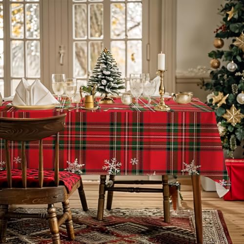 AIBIIN 152x259cm Weihnachten Karierte Tischdecke für Familie Abendessen Rot Tartan Plaid Schneeflocken Weihnachten Wasserdicht Tischdecke für Esszimmer Picknick Geburtstag Party Tischdekoration von AIBIIN