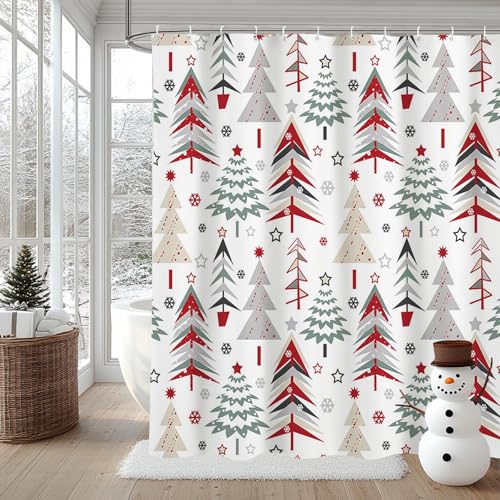 AIBIIN 180 x 180 cm Frohe Weihnachten Duschvorhang Pad Weihnachtsbaum Stern Schneeflocke Print Muster Badewanne Neujahr Winter Badezimmer Heimdekoration Strapazierfähiges Polyester-Material Mit 12 von AIBIIN
