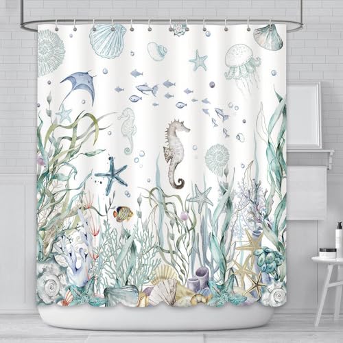AIBIIN Duschvorhang mit Meeresmotiven, Motiv: Seestern, Muscheln, Dekor-Muster für Badezimmer, wasserdicht, strapazierfähiges Polyester-Material mit 12 Haken, 180 x 180 cm von AIBIIN