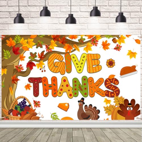AIBIIN 2,1 x 1,5 m Thanksgiving Banner Give Thanks Backdrop Decorations Fall Give Thanks Tree Religious Turkey Pumpkin for Autumn Harvest Thanksgiving Party Decorations von AIBIIN