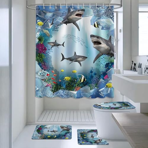 AIBIIN Blauer Fisch-Duschvorhang-Set, 4-teilig, 3D-Digital-Malerei-Muster mit rutschfesten Teppichen, WC-Deckelbezug und Badematte, Unterwasser-Thema, Tier-Badevorhänge für Badezimmer-Dekor mit 12 von AIBIIN