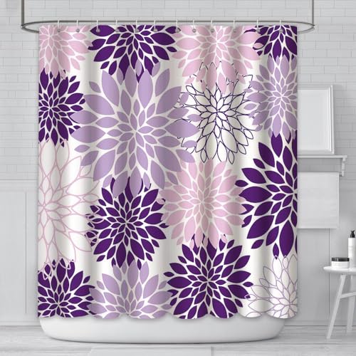 AIBIIN Duschvorhang, Dahlie, 180 x 180 cm, violette Blume, für Badezimmer, langlebig, wasserdicht, Polyester-Material mit 12 Haken von AIBIIN