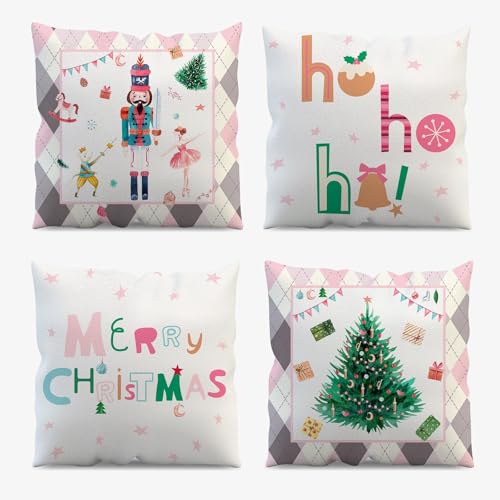 AIBIIN Weihnachtskissenbezüge, 45 x 45 cm, 4 Stück, Frohe Weihnachten, Nussknacker, Weihnachtsbaum, Überwurf-Kissenbezüge, rosa Kissenbezüge für Ferienhaus, Wohnzimmer, Sofa AIBIIN Weihnachtskissenbezüge, 45 x 45 cm, 4 Stück, Frohe Weihnachten, Nussknacker, Weihnachtsbaum, Überwurf-Kissenbezüge, rosa Kissenbezüge für Ferienhaus, Wohnzimmer, Sofa von AIBIIN