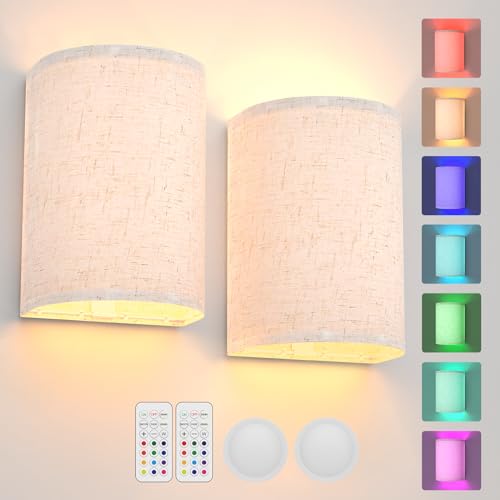 AIBOO Batteriebetriebene Wandleuchten Magnetische Kabellose Lampe RGB Farben Dimmbar mit Stoff Leinen Schatten und Fernbedienung, Beleuchtung Dekoration 2er Set für Schlafzimmer Wohnzimmer Flur von AIBOO