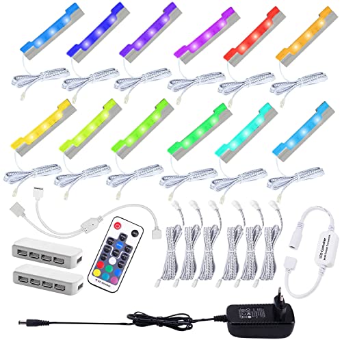 AIBOO LED Glasbodenbeleuchtung Farbig 12er Set,Clips Glaskantenbeleuchtung RGB Farbwechsel Vitrinenbeleuchtung,LED Schrankbeleuchtung Vitrine mit Fernbedienung von AIBOO