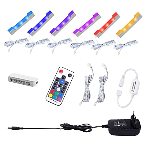 AIBOO Glasbodenbeleuchtung Farbig 6er Set, RGB Farbwechsel Vitrinenbeleuchtung, Clips Glaskantenbeleuchtung, LED Schrankbeleuchtung Mit Fernbedienung von AIBOO