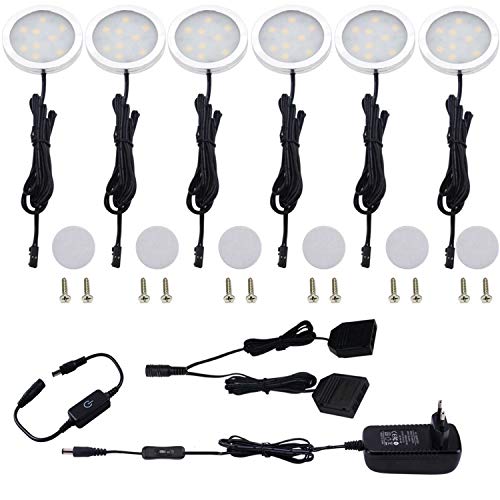 AIBOO LED Schrankleuchten 6er Set, Vitrinenbeleuchtung Dimmbar mit Touch Dimmer, LED Unterbauleuchte Küche Warmweiß, Ultra dünn DC 12V Schrank Lichter für Kabinett Schränke Kleiderschrank von AIBOO