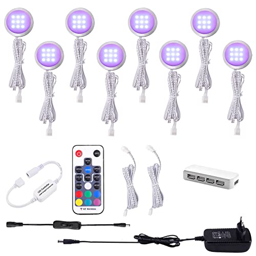 AIBOO RGB LED Schrankbeleuchtung 8er Set, 12V LED Unterbauleuchte Farbwechsel mit Fernbedienung, Dimmbar RGB Vitrinenbeleuchtung LED für die Beleuchtung von Küchenschränken von AIBOO