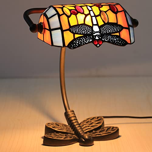 AIBOTY Banker Lampe Tiffany Schreibtischlampe grün orange lila blau Libelle Stil Glasmalerei Tischlampe, verstellbare Luxus Speicher Klavierlampe 10" hoch für Bibliothek Wohnzimmer,Orange von AIBOTY