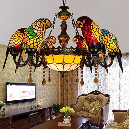 AIBOTY Papagei Tiffany-Stil Pendelleuchte Kronleuchter, 8-Flammig, Vintage-Stil Buntglas-Aufhängelampe Für Esszimmer-Foyer-Kücheninsel, E26x8,D von AIBOTY