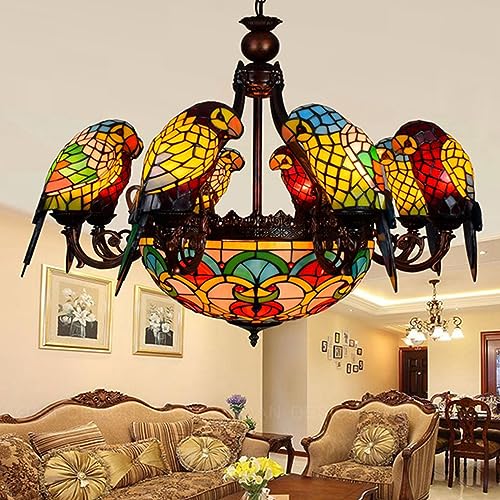 AIBOTY Parrot Tiffany Kronleuchter Für Wohnzimmer, Große Pendelleuchten, 8 Lichter, Vintage Buntglas Lampenschirm, E26x11 Pendelleuchte, Deckenleuchten,B von AIBOTY