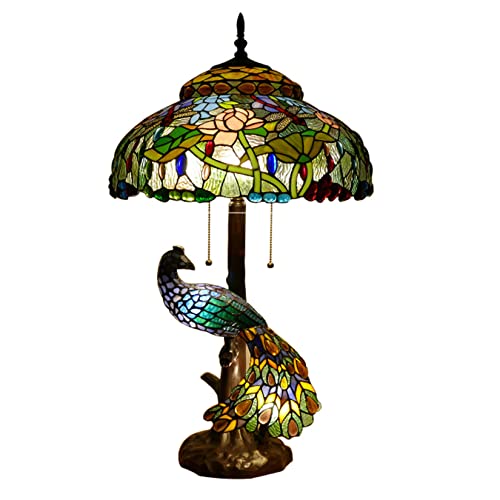 AIBOTY Pfau-Tischlampe im Tiffany-Stil Lotus Libellen-Buntglas-Schreibtischleuchten Europäische Retro Art Reading Beleuchtungskörper für Wohnzimmer, Schlafzimmer, Café, Bar, B 18 × H 30 Zoll von AIBOTY