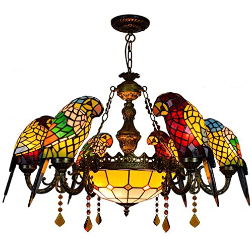 AIBOTY Tiffany Kronleuchter, 6 Lichter, Papagei Rote Libelle Buntglas Lampenschirm, Viktorianische Decken-Pendelleuchte Für Wohnzimmer Schlafzimmer Esszimmer Kücheninsel,Parrot von AIBOTY