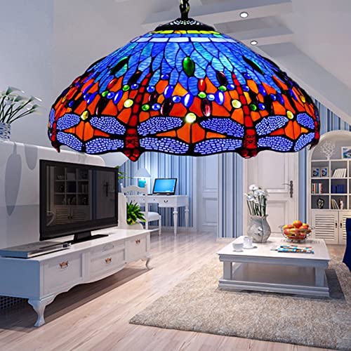 AIBOTY Tiffany Stil Buntglas Pendelleuchte, 3 Lichter LED Decke hängende Pendelleuchte, 18 Zoll breit blau rote Libelle Buntglas Lampenschirm, warmes Licht,Blau von AIBOTY