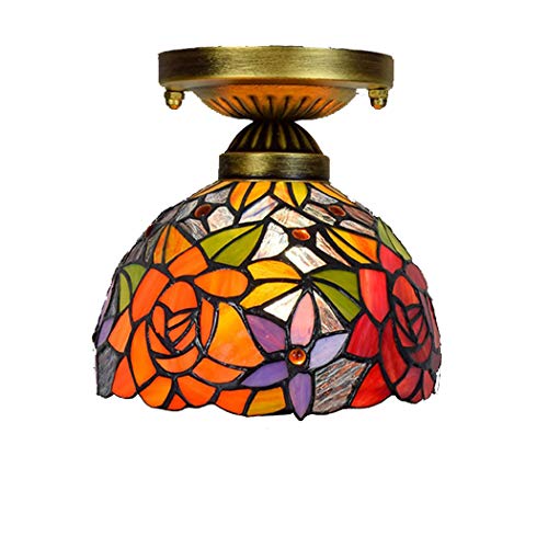 Tiffany-Art-Decken-Befestigungs-Lampe 8" Wide Rote Rosen-Blumen-Buntglas Antike Nachtlicht für Dekor Wohnzimmer Schlafzimmer Küche Flur Geschenk von AIBOTY
