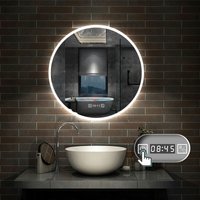 70cm Rund led Spiegel Touch Schalter + led Farbe Dimmbar + Uhr + Beschlagfrei von AICA SANITAIRE