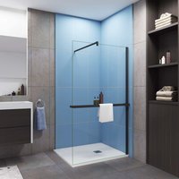 AICA Walk in 100x200cm Schwarz Duschwand mit Stabilisator 8mm NANO ESG-Glas mit Duschregal Handtuchhalter Duschtrennwand F131B von AICA SANITAIRE