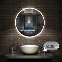 Led Badspiegel Rund Spiegel mit Beleuchtung Badspiegel Badezimmerspiegel Touch Schalter + 3 Farbe Dimmbar + Uhr + Antibeschlage + Memory-Funktion von AICA SANITAIRE