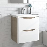 Aica Sanitaire - Waschtisch mit Unterschrank Waschbeckenunterschrank Badmbel 50cm Wei + Eiche mit Waschbecken von AICA SANITAIRE
