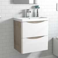 Waschtisch mit Unterschrank Waschbeckenunterschrank Badmöbel 50cm Weiß + Eiche mit Waschbecken von AICA SANITAIRE