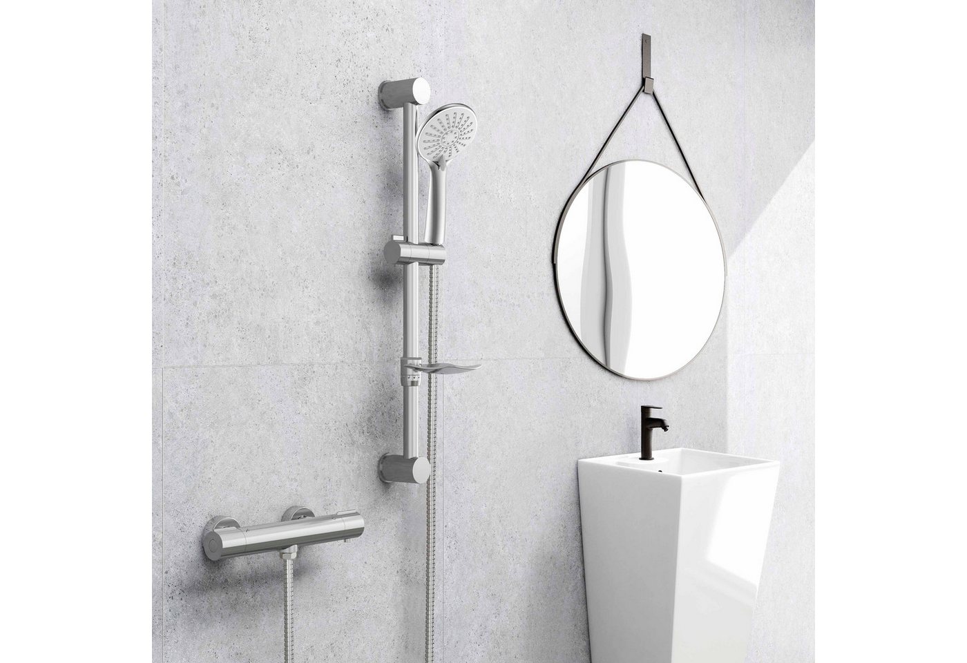 Aica Sanitär Duschsystem Regenbrause mit 38°C-Thermostat, Schlauch und Halterung, 1 Strahlart(en), Höhe 66 cm, Duschkopf mit 3 Strahlarten von Aica Sanitär