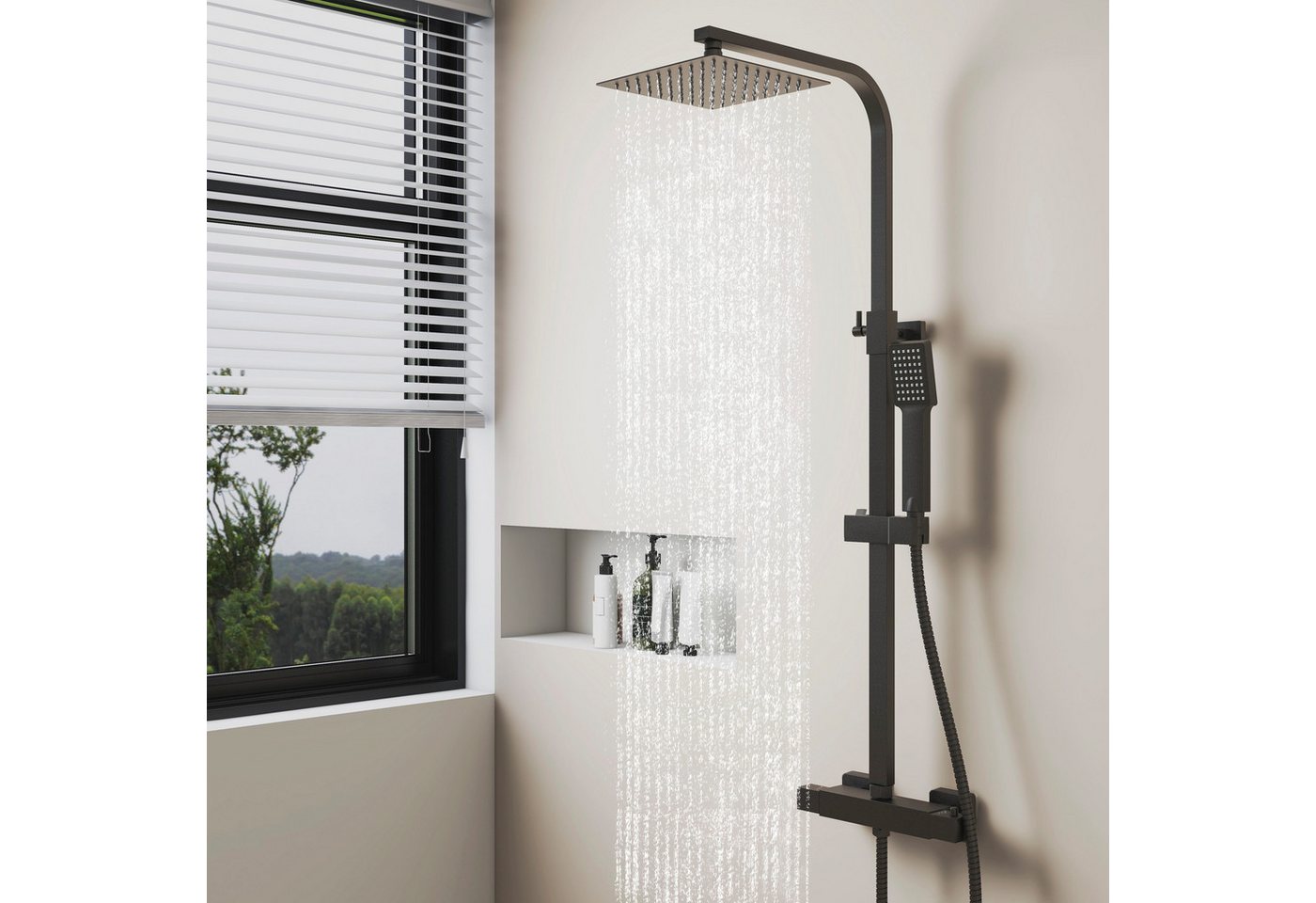 AICA Duschsystem mit Thermostat Duscharmatur Regendusche Duschset Duschsäule Dusche, Set, Brauseschlauch mit Verdrehschutz, mit Quadrat Regenbrause 20 x 20 cm von AICA