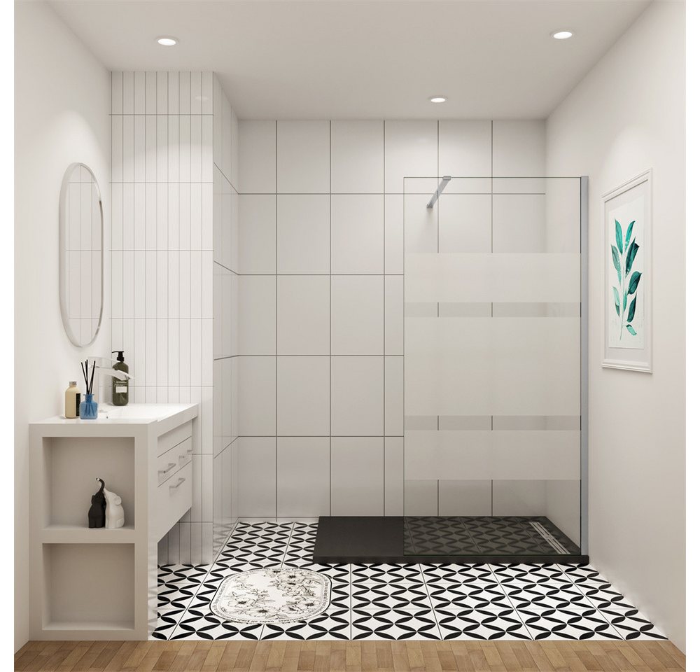 AICA Duschwand Walk in Dusche Nano ESG Milchglasstreifen Duschwand, Einscheibensicherheitsglas, (6mm EasyClean ESG Milchglasstreifen), NanoGlas von AICA