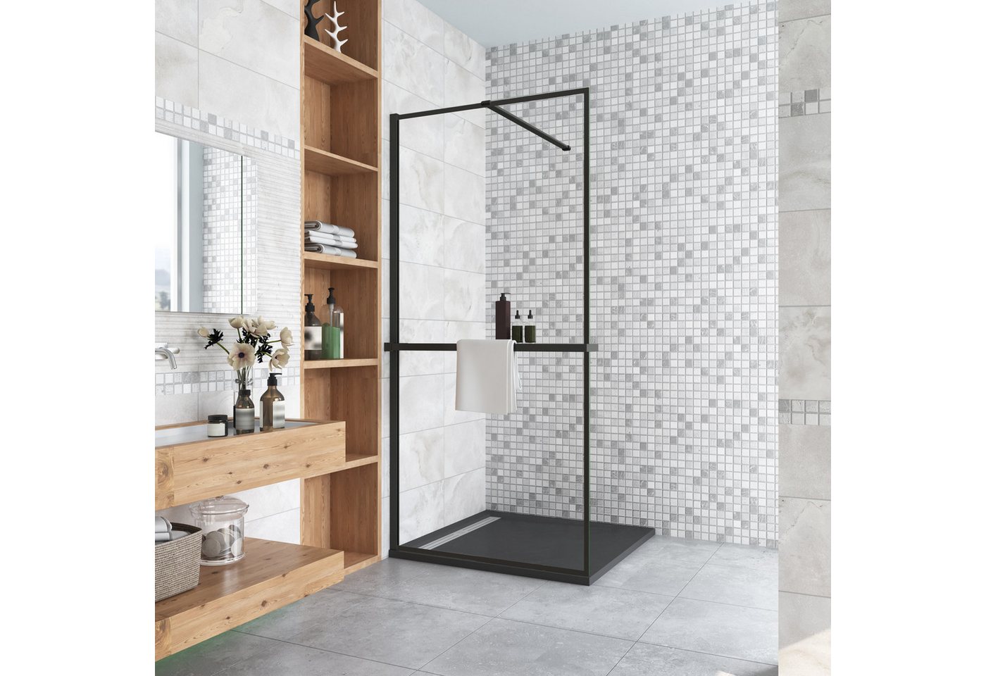 AICA Walk-in-Dusche 200cm Stabilisationsbügel Handtuchhalter schwarz walk in Dusche, Sicherheitsglas, Glas von AICA