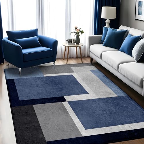 Moderner geometrischer Teppich, quadratisch, zeitgenössischer Indoor-Bodenteppich, niedriger Flor, weich, waschbar, Teppich für Wohnzimmer, Schlafzimmer, Esszimmer, 1,8 x 2,7 m, Blau-Grau von AICLIV