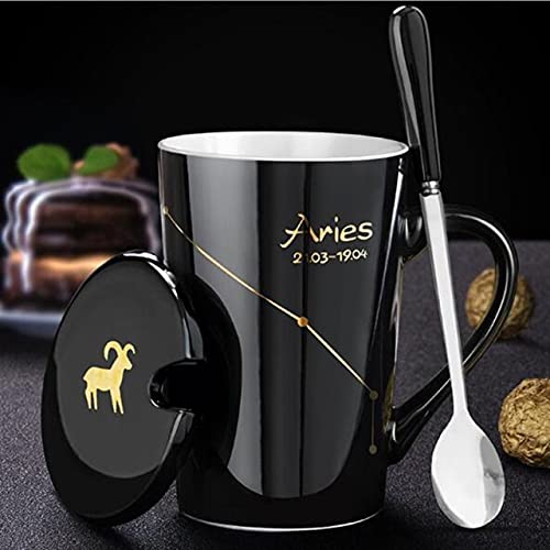 420Ml Kreative 12 Konstellationen Kaffeetasse Mit Löffel Und Deckel Keramik Schwarz Weiß Milch Teetasse Geburtstagsgeschenk von AIDEMEI