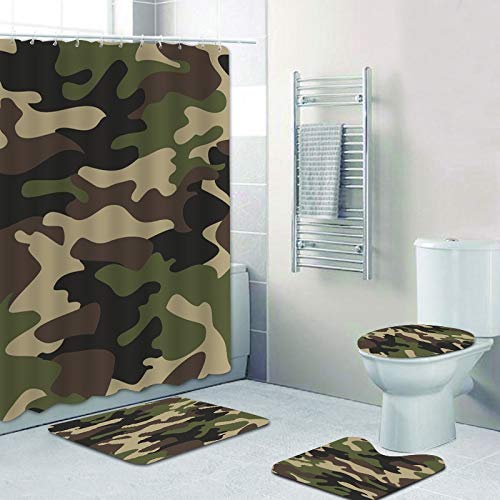 AIDEMEI 4Pcs Set Camouflage Camo Army Camo Green Badezimmer Vorhang Für Badewanne Dekor Camo Muster Duschvorhang Mit Badematte Teppich Teppich 180X180Cm von AIDEMEI