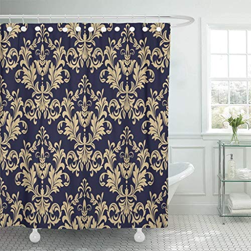 AIDEMEI Antikes Blumenmuster Barock Damast Gold Und Schwarz Blau Duschvorhang Wasserdichtes Set Mit Haken 180X180Cm von AIDEMEI