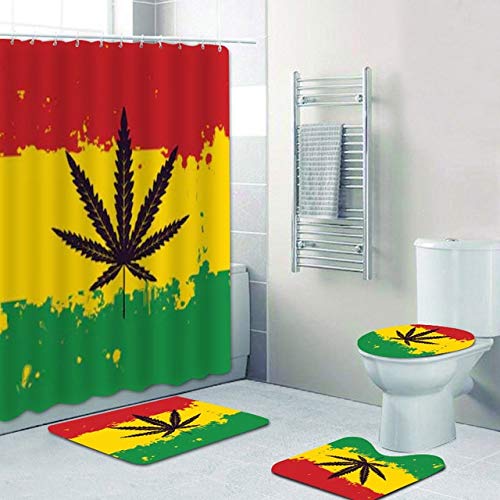 AIDEMEI Jamaica Flag Rasta Leaf Duschvorhang Set Wasserdicht Reggae Musik Badezimmer Vorhang Wasserdicht Toilettenmatte Badezimmer Dekor 180X180Cm von AIDEMEI