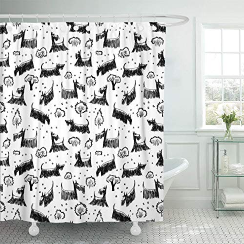 AIDEMEI Niedliche Doodle Scotch Terrier Hunderasse Haustiere Fußabdrücke Duschvorhang Wasserdichtes Polyester Stoff Set Mit Haken 180X180Cm von AIDEMEI