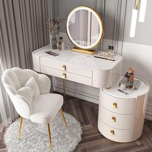 AIDEUX Schminktisch-Set mit 3-farbigem LED-Spiegel und Stuhl, großer Schminktisch mit 5 Schubladen und Ablagen, Dressing Table für Schlafzimmer und Ankleidezimmer von CHMAIDEU